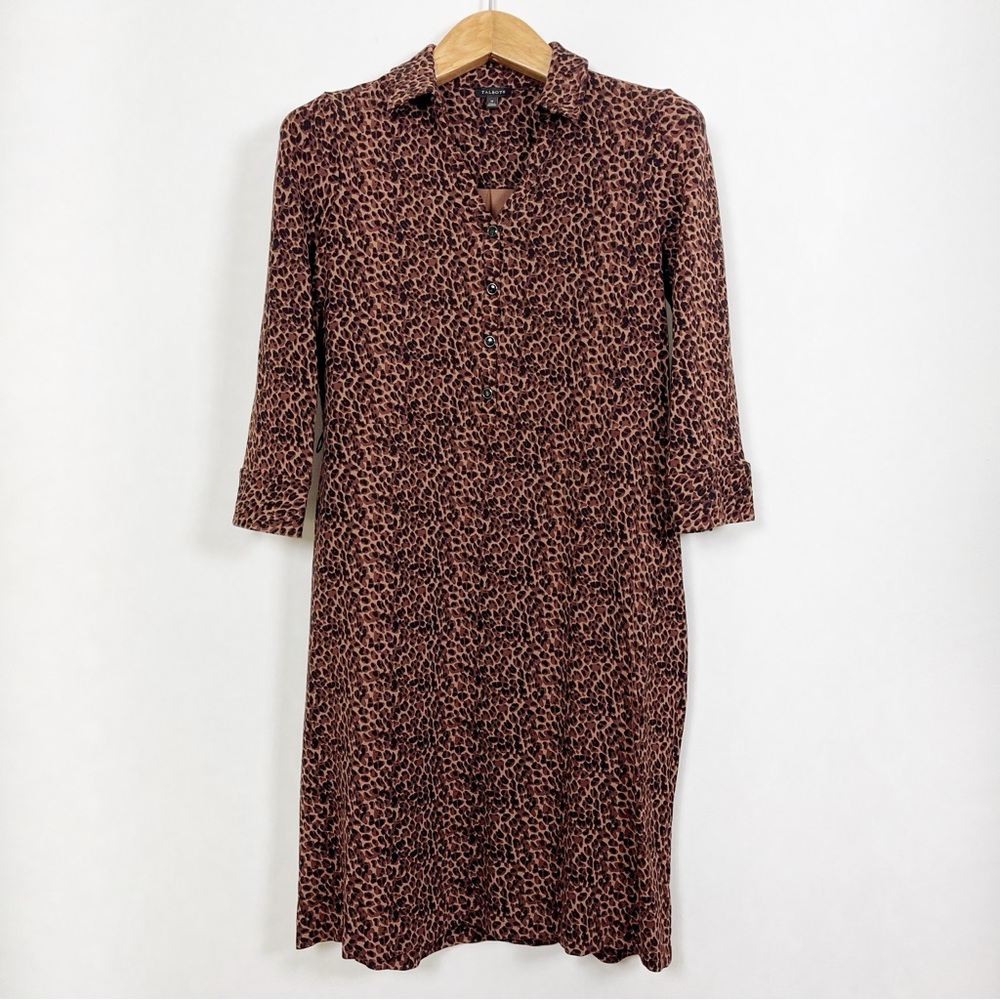 Talbots Brown‎ and Black Leopard-Print Midi Shirt Dress Size Medium 3/4 Sleeves